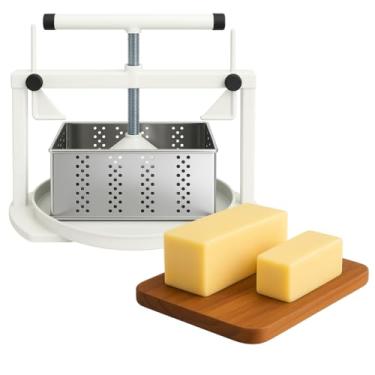 Imagem de Kit Prensa Queijo Caseira Artesanal + 2 Formas de Queijo Minas Frescal Inox Retangular 500g e 1kg + Tampas e Reservatório