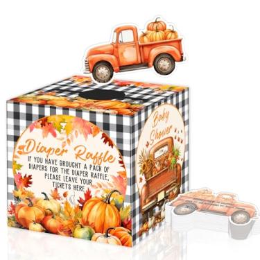Imagem de Caixa sorteio de fraldas de abóbora de outono - Jogos e decorações de festa de abóbora, caixa de sorteio de fraldas com tema de outono com 50 cartões de caminhão de abóbora