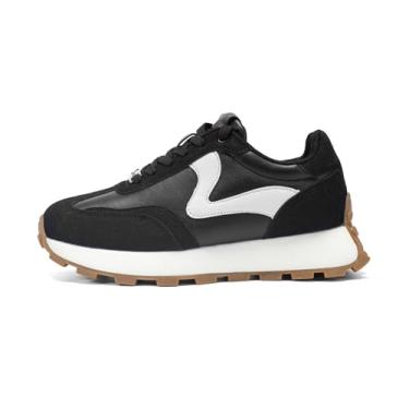 Imagem de LUCKY STEP Tênis feminino plataforma retrô clássico moda casual antiderrapante cadarço caminhada tênis corrida moderno color block verde calçado, Preto, 38