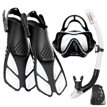 Imagem de Conjunto de Snorkel com Máscara Panorâmica, Tubo Respirador Seco, Nadadeiras Ajustáveis e Bolsa de Transporte. (Branco-Preto, Pequeno)