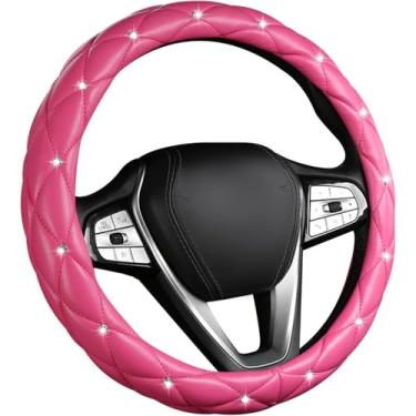 Imagem de Capa de volante de carro brilhante, capa de roda automotiva de couro macio antiderrapante de 38 cm, strass de cristal para mulheres e meninas, acessórios de decoração universal para carro (rosa