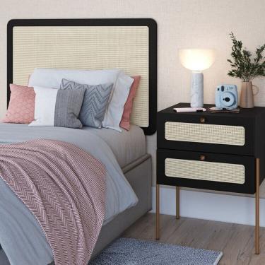 Imagem de Conjunto Cabeceira Solteiro 90cm e Mesa de Cabeceira 2 Gavetas Pé Metal Palhinha Oslo Nero/Dourado
