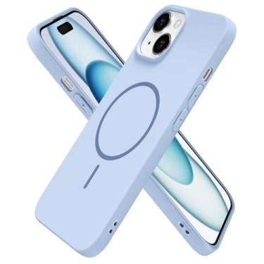 Imagem de Oakxco Capa de silicone para iPhone 15 Plus 14 Plus, capa magnética fina e fina compatível com carregamento sem fio Magsafe, capa de borracha macia estética feminina fofa para mulheres e meninas, azul