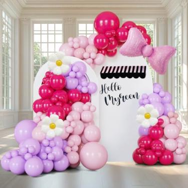 Imagem de ECEAE Kit de guirlanda de arco de balão de arco de 146 peças com balões de margarida roxo pastel rosa choque para decoração de festa temática de gato de desenho animado, suprimentos de aniversário