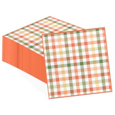 Imagem de Grencian 100 guardanapos de papel guingão de outono, 2 camadas, dia de Ação de Graças, laranja, verde, xadrez, descartáveis, toalhas de mão, guardanapos para convidados, outono, sazonal, casamento