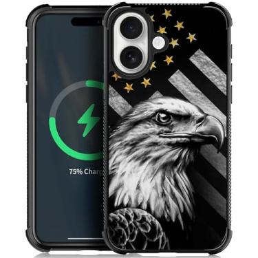 Imagem de ZHEGAILIAN Capa compatível com iPhone 16-5G, parte traseira de vidro temperado + silicone macio TPU proteção contra choque - bandeira de águia preta e branca