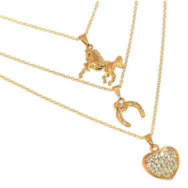 Imagem de Cordão Triplo Cavalo Ferradura Coração Folheado Ouro 18k