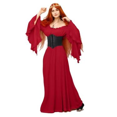 Imagem de BITSEACOCO Vestido feminino renascentista de fantasia vitoriana, fantasia de Halloween, cosplay medieval, bruxa, princesa (P, vinho vermelho)