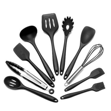 Imagem de Utensílios de cozinha de silicone e utensílios de cozinha, 10 peças/conjunto de pinças antiaderentes, espátula, colher, batedor de escova de aderência confortável