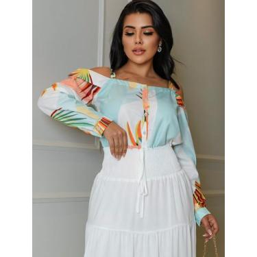 Imagem de Blusa Em Crepe Sedinha Alça e Manga Longa Estampada - NoBrand, Azul, M