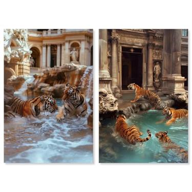 Imagem de Conjunto de tigres na fonte Impressão em tela e tigre leão impressão artística por Art Remedy, Gallery Wrapped, 10 x 15