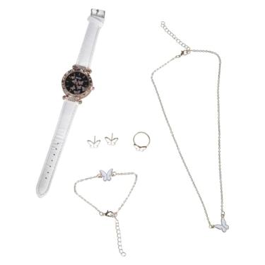 Imagem de YUELER 6 pçs/conjunto de relógios de luxo femininos anéis colar brincos conjunto pulseira de couro borboleta relógios senhora relógio de pulso