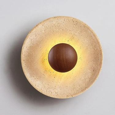 Imagem de ZHUXMF Arandela de parede de mármore wabi-sabi japonesa retrô redonda luz de parede interior travertino amarelo 7W luz quente LED 3000K lanterna de parede decoração de madeira sala de estar luzes de