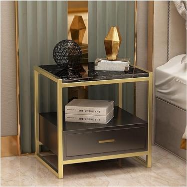 Imagem de Mesa De Cabeceira De Mármore De Luxo Leve Com 1 Gaveta Simplicity Modern Nightstand Para Quarto Armário De Cabeceira De Ferro Forjado Para Sala De Estar Cama, Champagne Gold Black, 50 * 40 * 50cm
