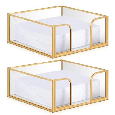 Imagem de LemonRoad Suporte de guardanapo quadrado dourado de 2 peças para mesa 14 x 14 cm suporte decorativo de guardanapo de coquetel cesta de papel plana de vidro para cozinha jantar buffet bar balcão festa
