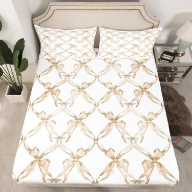 Imagem de jejeloiu Jogo de lençol solteiro com laço bege, leve, estético, 40,6 cm, lençol com elástico profundo, para meninos e meninas, para decoração de quarto de princesa, para meninos e meninas