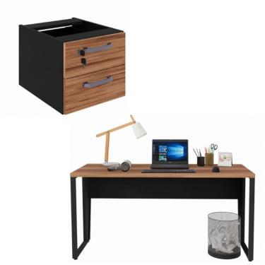 Imagem de Conjunto Escritório Office Escrivaninha e Gaveteiro Suspenso 2 Gavetas com Chave Cor Marrom/Preto - Yaris
