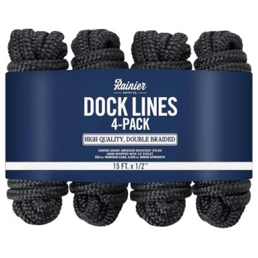 Imagem de RainierSupplyCo Dock Lines Pacote com 4 - Corda de barco para ancoragem com laço - Corda marinha de nylon trançado duplo premium de 4,5 m x 1/2 polegada - Linha de amarração com ilhós de 30 cm