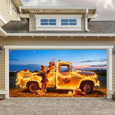 Imagem de HOMETITUTE Banner de porta de garagem de Halloween 4 x 1,8 m abóbora caminhão fardos de feno pano de fundo tema outono decoração de ação de graças capa de porta decorações suspensas interiores ao ar