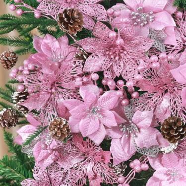 Imagem de Hommtina 56 peças de decorações de Natal, 4 estilos de flores artificiais de Natal Poinsétias de Natal com glitter bagas caules ornamentos árvore com pinhas e caules para Natal, casamento, guirlanda, festa floral (rosa)