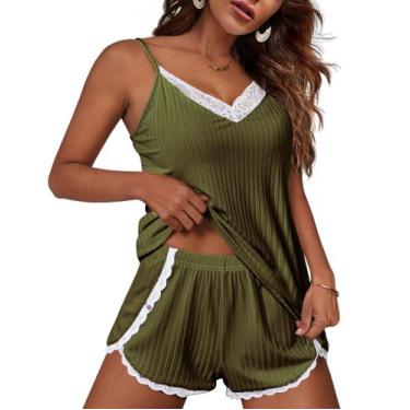 Imagem de Conjunto de pijama Ekouaer, lingerie macia feminina, verde militar