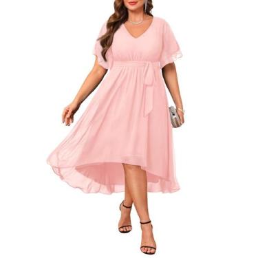Imagem de Vestido Talisea Plus Size rosa de chiffon alto e baixo para mulheres