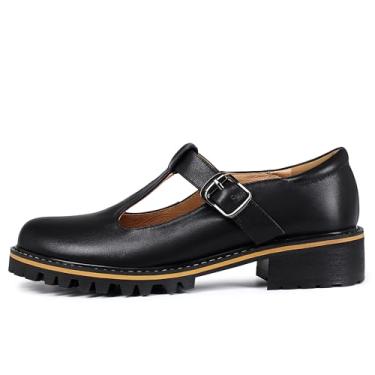 Imagem de Sailimy Sapato feminino Oxford Mary Janes de couro, rasteiras, salto baixo, plataforma, retrô, clássico, bico redondo, tira no tornozelo, 5-preto-t-sintético, 38