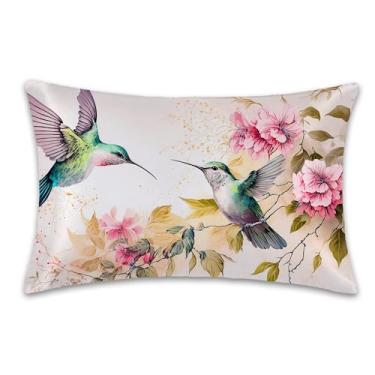 Imagem de Capa de almofada de cetim com flores e folhas de pássaros tamanho king, fronhas macias para cabelo e pele semelhantes à seda, fronhas com zíper oculto acessórios de cama, 50 x 91 cm, 1 pacote