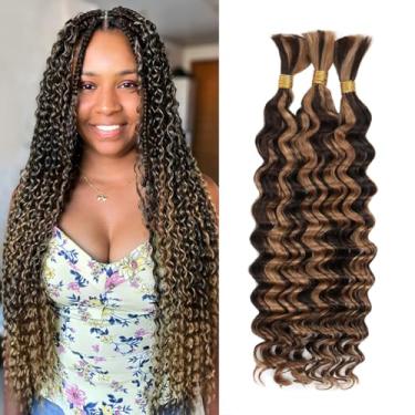 Imagem de Cabelo trançado humano ondulado profundo para tranças Boho – 45,7 cm 120 g 3 feixes/pacote destaques balayage chocolate marrom a caramelo loiro, 12A cabelo brasileiro a granel, sem trama, molhado e