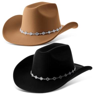 Imagem de Hercicy 2 peças de chapéu de cowboy ocidental para mulheres e homens, chapéus de vaqueira de feltro clássico de aba larga com tachas de metal para o Dia das Bruxas, Preto, marrom, tamanho �nico