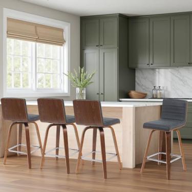 Imagem de Banqueta de barra giratória moderna Vienna com assento estofado preto vintage e moldura de madeira com acabamento de nogueira, conjunto de 4