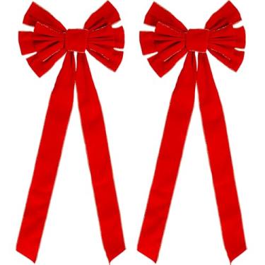 Imagem de 2 peças grande laço de Natal 78 x 29 cm laço de guirlanda de veludo vermelho com borda dourada brilhante enfeite de árvore de Natal laços para Natal, casa, interior, exterior, porta da frente, festas