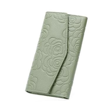 Imagem de GOIACII Carteira feminina com bloqueio de RFID, porta-cartões de crédito, bolsa clutch feminina com zíper, bolso para moedas, flor em relevo, A01 Verde