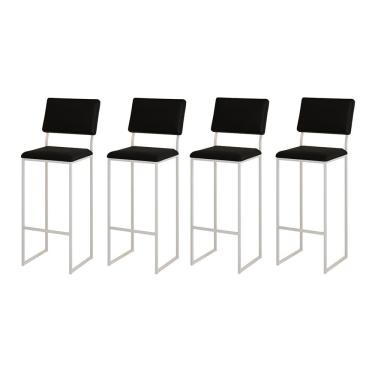 Imagem de Kit 4 Banquetas com Encosto Industrial e Moderna Nina Branco e Corino Preto