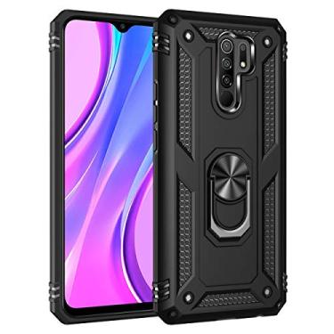 Imagem de SORAKA Capa para Xiaomi Redmi 9 com suporte de anel de metal, capa à prova de choque, borda de silicone macio, capa traseira rígida de policarbonato com placa de metal para suporte magnético de