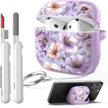 Imagem de TATOFY Capa com trava para Airpods 4, capa rígida de flores para iPod 4ª capa para mulheres e meninas com kit de limpeza de suporte de telefone (violeta, AirPods 4ª)