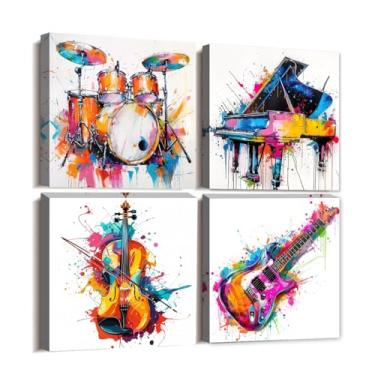 Imagem de DOARTDO Arte de parede em tela de música, tema musical, decoração de parede, 4 peças, guitarra, violino, piano, bateria, fotos, sala de aula, decoração de sala de estar, moldura (30 x 30 x 4 peças)