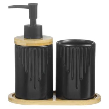 Imagem de Kit Banheiro Lavabo 3 Peças Bambu Porta Sabonete Líquido Pia / 884 (Preto)