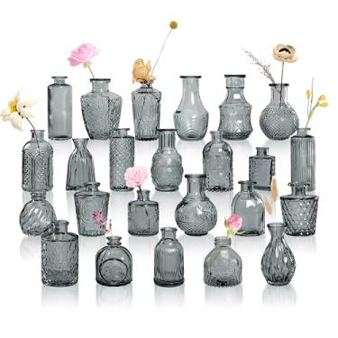 Imagem de GarDream Vasos de botão cinza a granel 24, vasos pequenos de vidro em relevo para flores, mini vaso de flores vintage para centros de mesa, decoração de casamento, festa, chá de bebê, aniversário