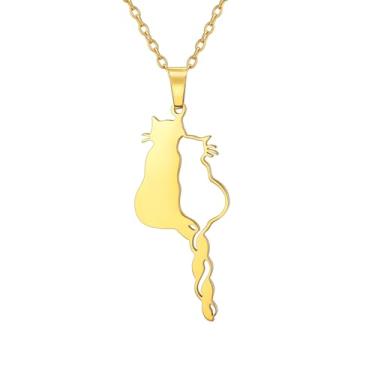 Imagem de PDOUSELF Colar com pingente de gato engraçado para mulheres, de aço inoxidável, joia fofa, presente para amantes de gatos, 20, Aço inoxidável, Sem Pedra Preciosa
