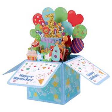Imagem de Cartão de Aniversário Pop-up 3D, Cartão de Felicitações Feliz Aniversário Engraçado Presente Pop-up Infantil Caixa Presente Balões para Festa para Filha, Filho, Sobrinha, Sobrinho (1 Ano)