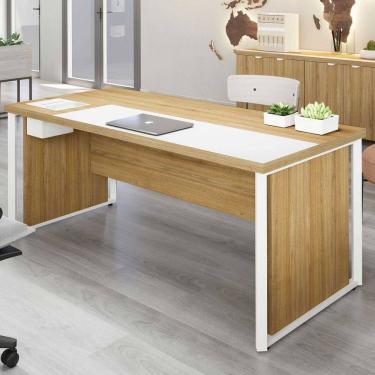 Imagem de Mesa Executiva para Escritório Diretor 200cm com Caixa de Tomadas Porta Objetos Corporate Macadâmia/Branco