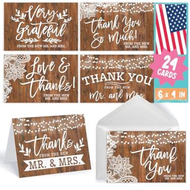Imagem de 24 cartões de agradecimento rústicos de casamento com envelopes, elegante nota de agradecimento para o novo Sr. & Sra. Artigos de agradecimento em madeira falsa recém-casados, 4x6 personalizado em massa So Grateful Stationery