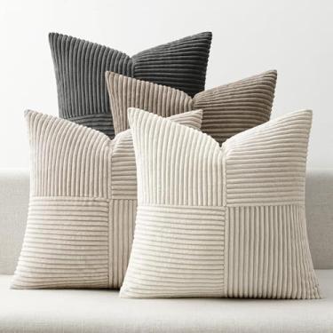 Imagem de ANRODUO Pacote com 4 capas de almofada decorativas para sofá 55 x 55 cm, cinza neutro, boho, aconchegante, macia, capas de almofada de veludo cotelê para decoração de casa moderna de meados do século