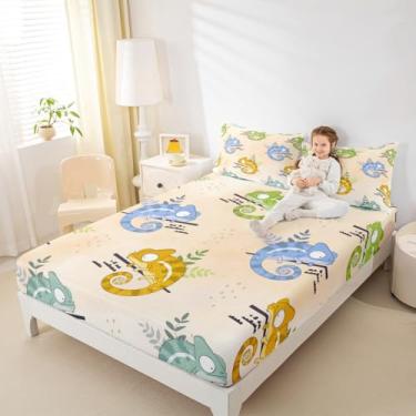 Imagem de Jogo de lençol Queen engraçado lagarto, folhas fofas, 3 peças, para decoração de quarto de crianças, adolescentes e adultos, lençol com elástico alto, boêmia, 2 fronhas