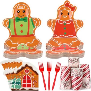 Imagem de Potchen 200 peças de suprimentos de festa de Natal com pratos de papel descartáveis em forma de homem de pão de gengibre, guardanapos de casa de gengibre, copos listrados, copos listrados, garfos