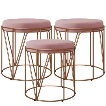 Imagem de Kit 03 Puffs Decorativo Aramado Bronze Zaya L02 Suede Rosê - LYAM DECO