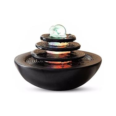 Imagem de Fonte de mesa para interior Fonte de água de mesa Zen Cascata Feng Shui Cachoeira Decoração de Casa Mesa Centro de Mesa Fonte de Relaxamento Disco de 3 camadas e bacia circular com luzes LED Bola de