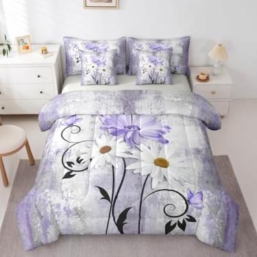 Imagem de Conjunto de cama queen com estampa de margarida, roxo ombré, 7 peças, decoração de casa de fazenda, estampa rústica e lençol com estampa de borboleta, aquarela e cinza violeta