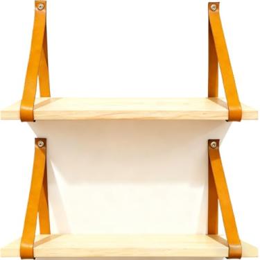 Imagem de Kit 2/4/6 Prateleiras de Madeira Com Alça de Couro Nicho Industrial Para Decoração Cozinha Quarto Organiza Itens Leve Prateleira Organizadora(2,MARRON)